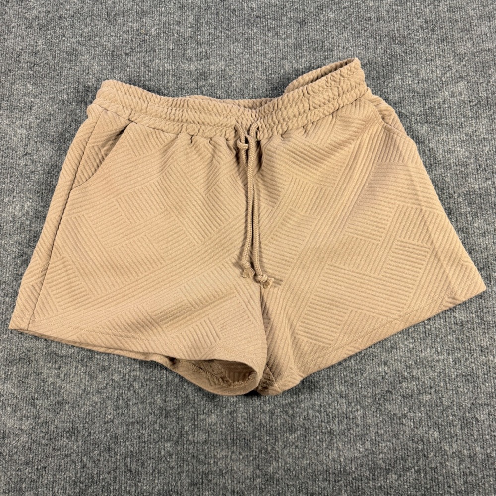 Ebb & Flow Geometric Textured Knit Drawstring Shorts Tan Size Medium Athleisure